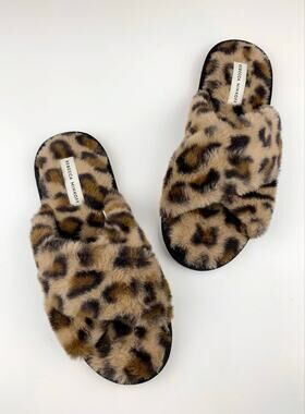Rebecca Minkoff Leopard Print Faux Fur Slippers Slides Hard Sole Women's M 7 8